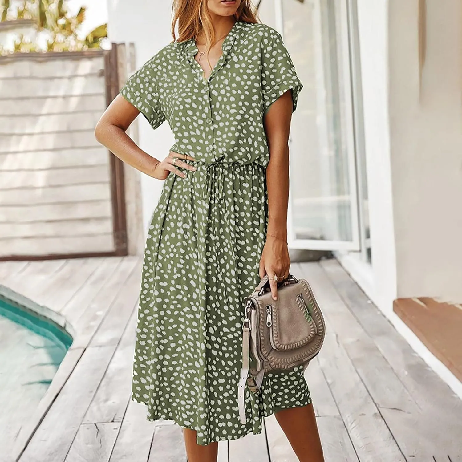 Women's Leopard Print Summer Dress Casual Floral Tie Front Button Up Boho Midi Tshirt Dresses Flowy Party Beach Dress