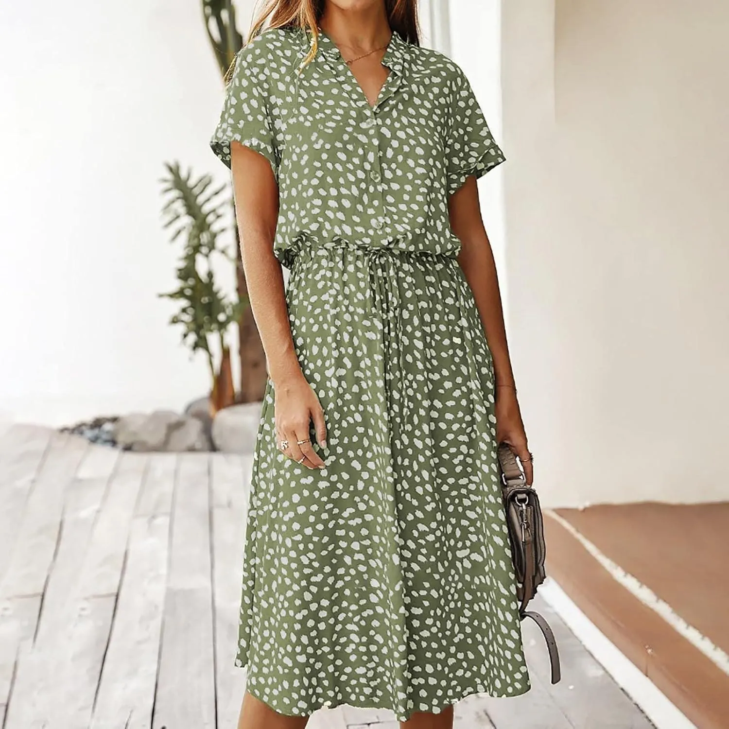 Women's Leopard Print Summer Dress Casual Floral Tie Front Button Up Boho Midi Tshirt Dresses Flowy Party Beach Dress