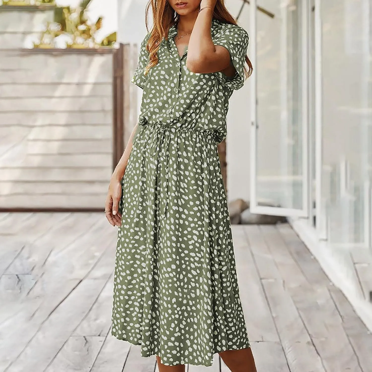 Women's Leopard Print Summer Dress Casual Floral Tie Front Button Up Boho Midi Tshirt Dresses Flowy Party Beach Dress