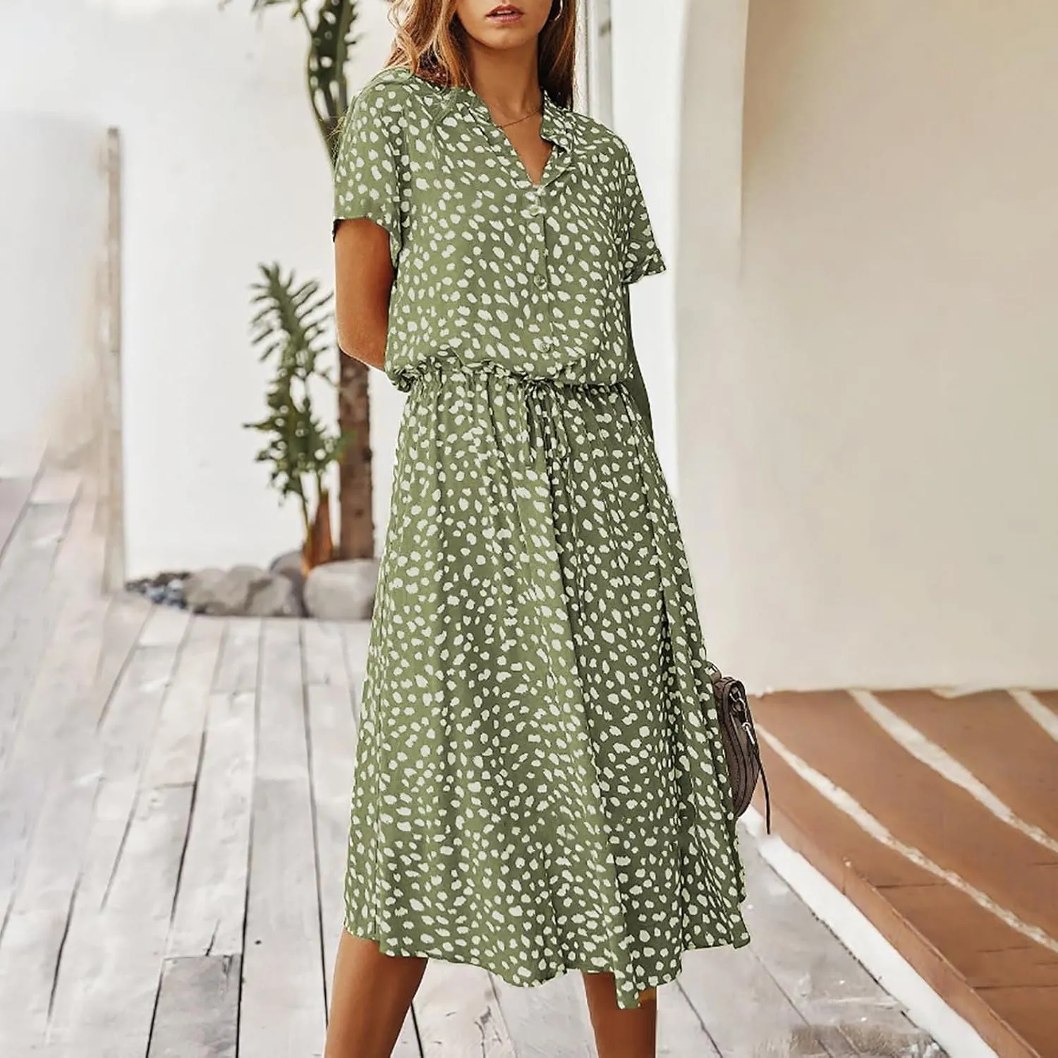 Women's Leopard Print Summer Dress Casual Floral Tie Front Button Up Boho Midi Tshirt Dresses Flowy Party Beach Dress