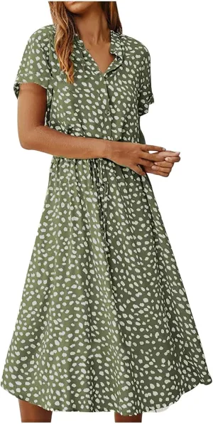 Women's Leopard Print Summer Dress Casual Floral Tie Front Button Up Boho Midi Tshirt Dresses Flowy Party Beach Dress