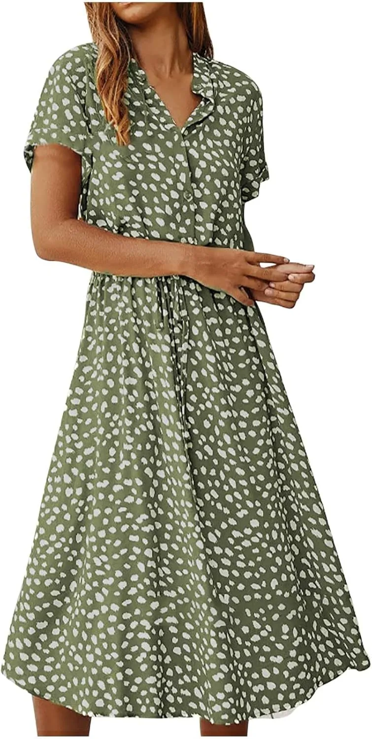 Women's Leopard Print Summer Dress Casual Floral Tie Front Button Up Boho Midi Tshirt Dresses Flowy Party Beach Dress
