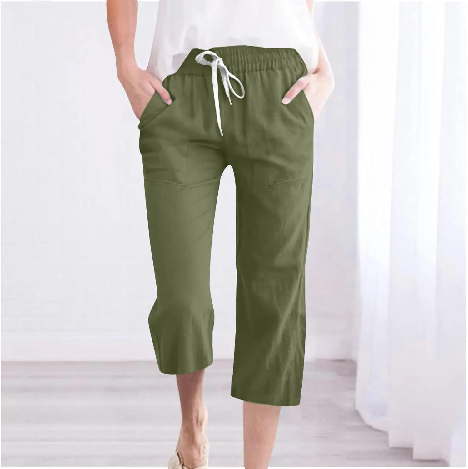 Women's Linen Cotton Wide Leg Pants Boho Palazzo Trousers for Summer High Waisted Elastic Side Pockets Sizes XS-XXL
