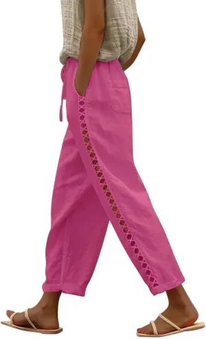 Womens Linen Cropped Pants with Pockets Casual Loose High Waist Drawstring Trousers Summer Lace Stitching Beach Pants
