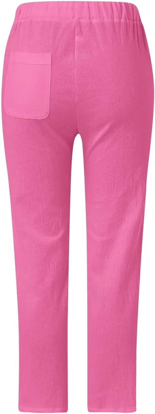 Womens Linen Cropped Pants with Pockets Casual Loose High Waist Drawstring Trousers Summer Lace Stitching Beach Pants