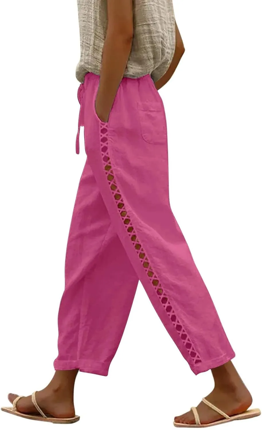 Womens Linen Cropped Pants with Pockets Casual Loose High Waist Drawstring Trousers Summer Lace Stitching Beach Pants
