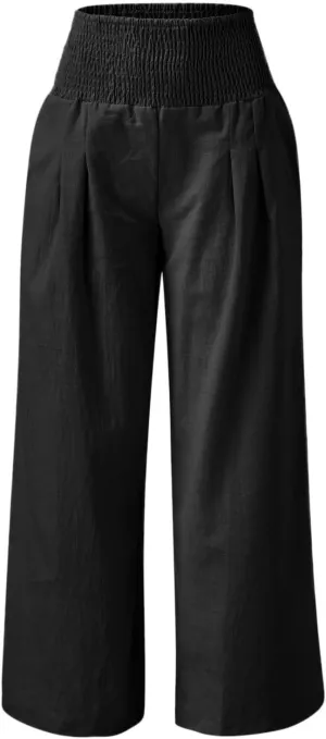 Womens Linen Palazzo Pants Casual Summer Wide Leg High Waist Lounge Slacks Boho Beach Flowy Travel Vacation Trousers