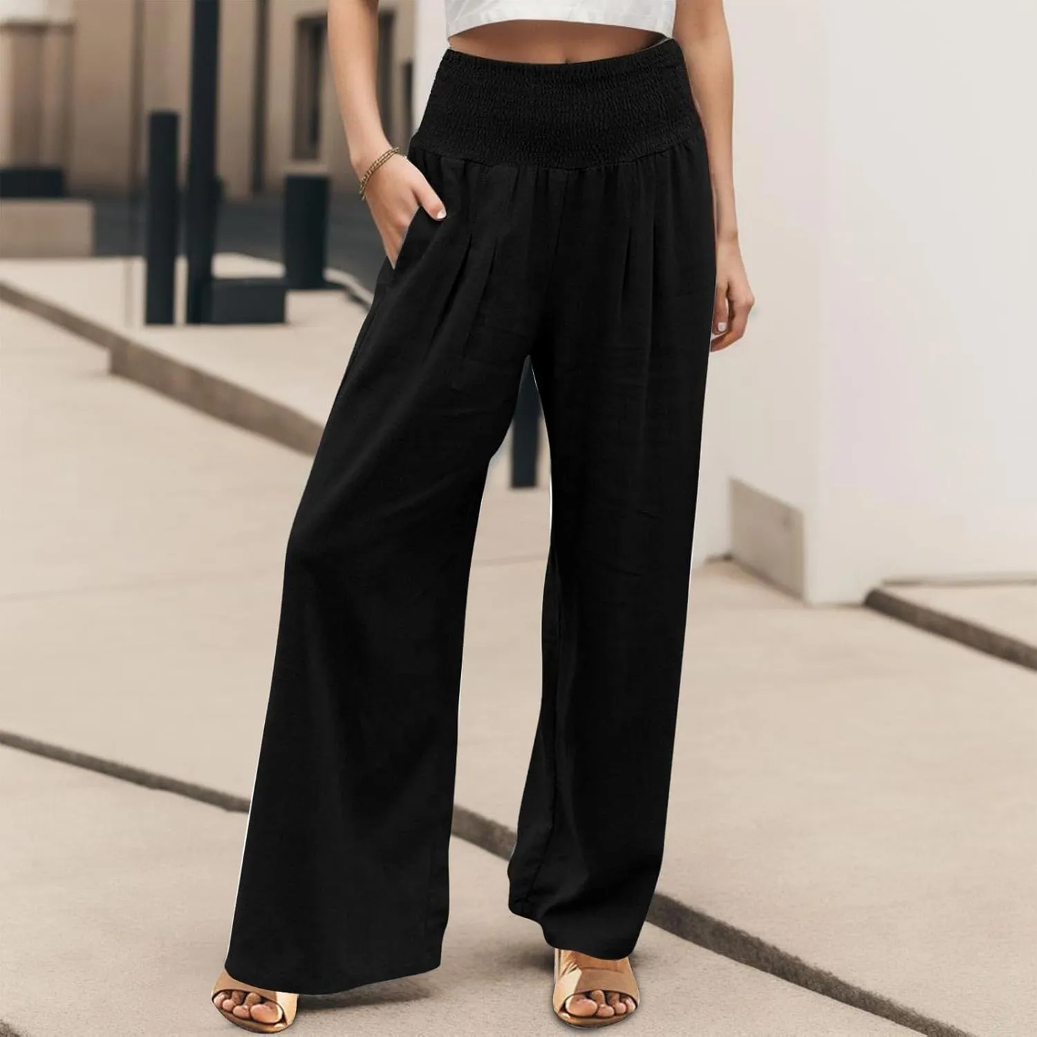 Womens Linen Palazzo Pants Casual Summer Wide Leg High Waist Lounge Slacks Boho Beach Flowy Travel Vacation Trousers