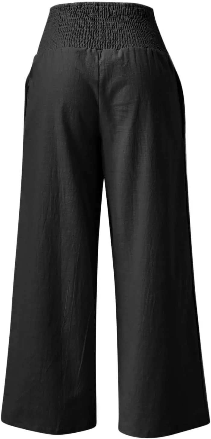 Womens Linen Palazzo Pants Casual Summer Wide Leg High Waist Lounge Slacks Boho Beach Flowy Travel Vacation Trousers