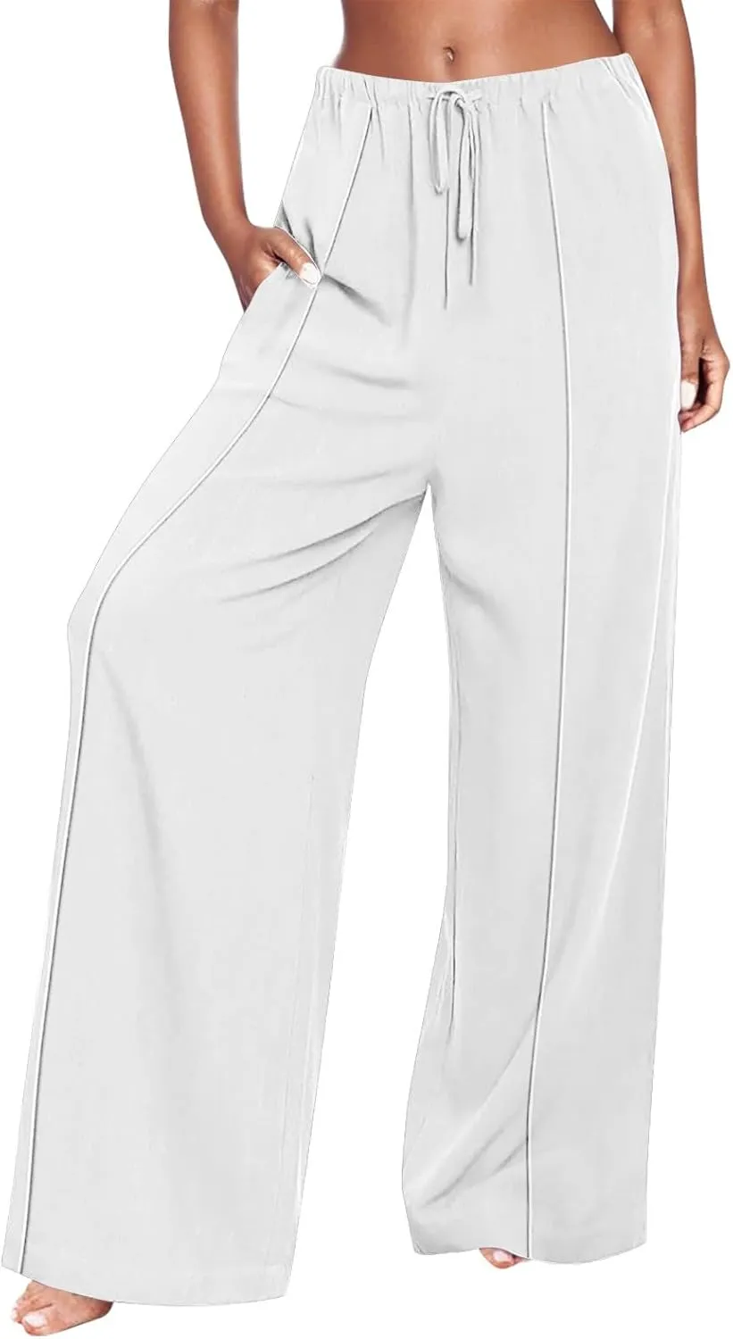 Women's Linen Palazzo Pants Loose Fit Comfy Wide Leg Pants Summer Drawstring Elastic Waist Lounge Pants with Pockets