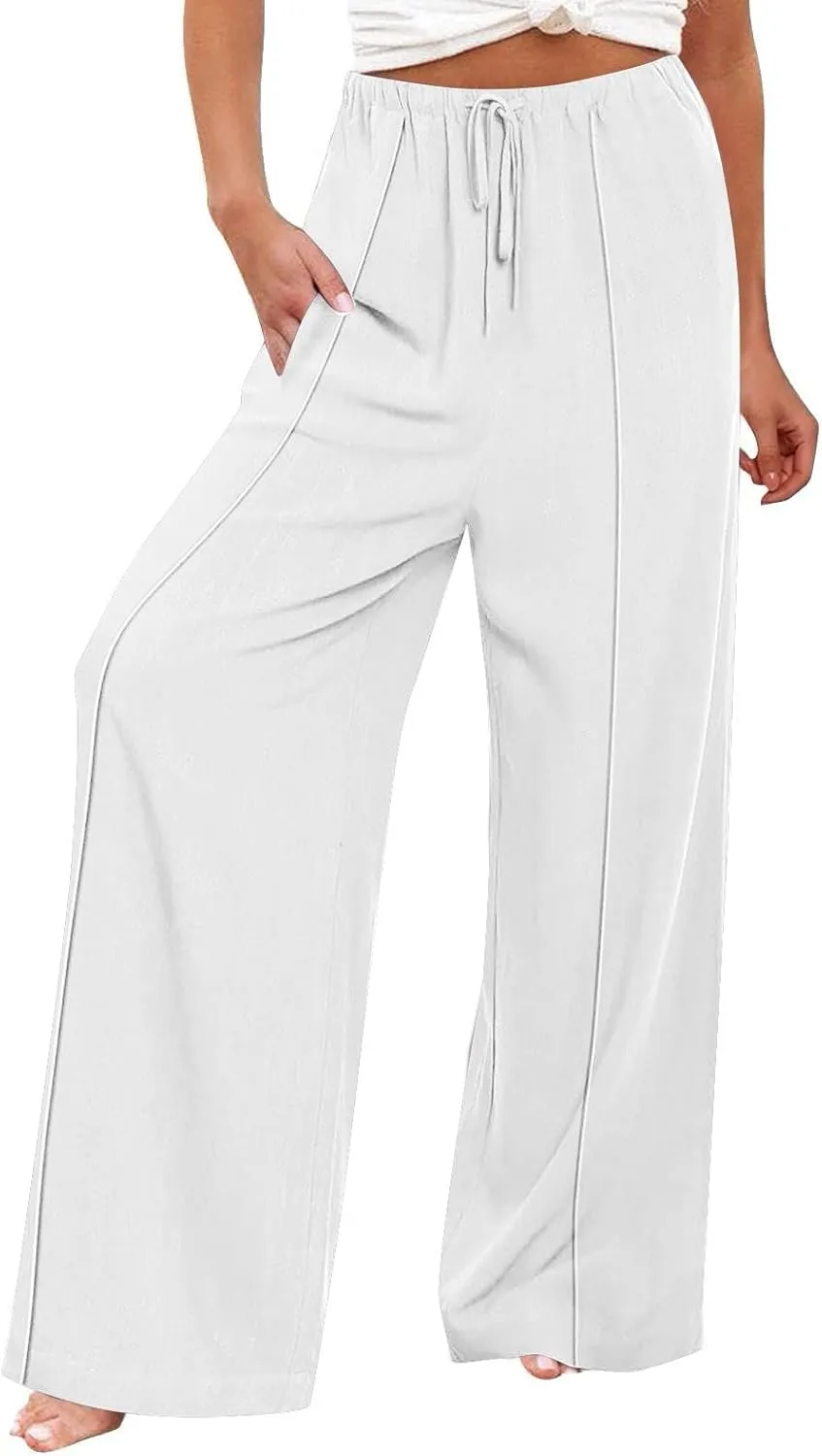 Women's Linen Palazzo Pants Loose Fit Comfy Wide Leg Pants Summer Drawstring Elastic Waist Lounge Pants with Pockets