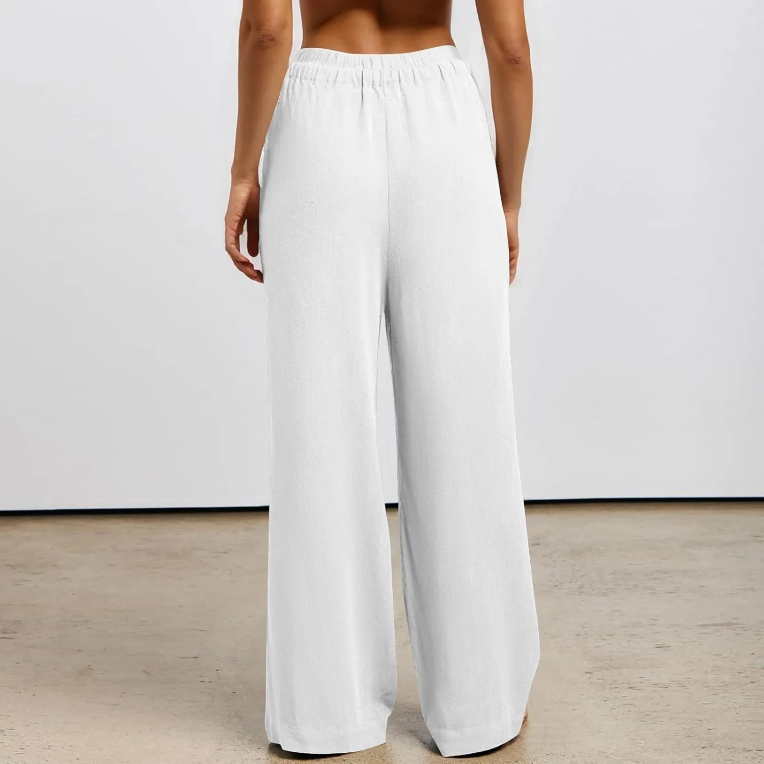Women's Linen Palazzo Pants Loose Fit Comfy Wide Leg Pants Summer Drawstring Elastic Waist Lounge Pants with Pockets