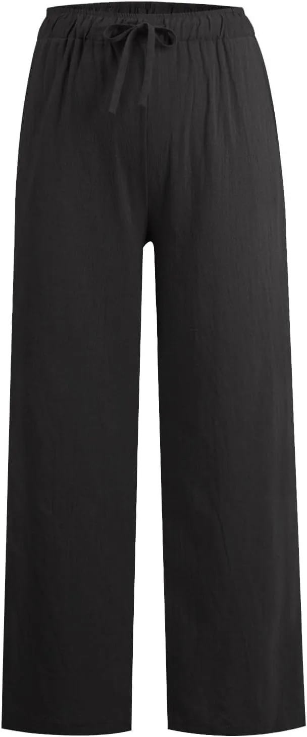 Women's Linen Pants 2025 Summer Cotton Wide Leg Casual Comfy Drawstring High Waist Palazzo Pants Trousers with Pockets