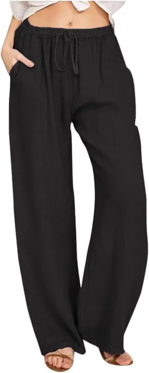 Women's Linen Pants 2025 Summer Cotton Wide Leg Casual Comfy Drawstring High Waist Palazzo Pants Trousers with Pockets
