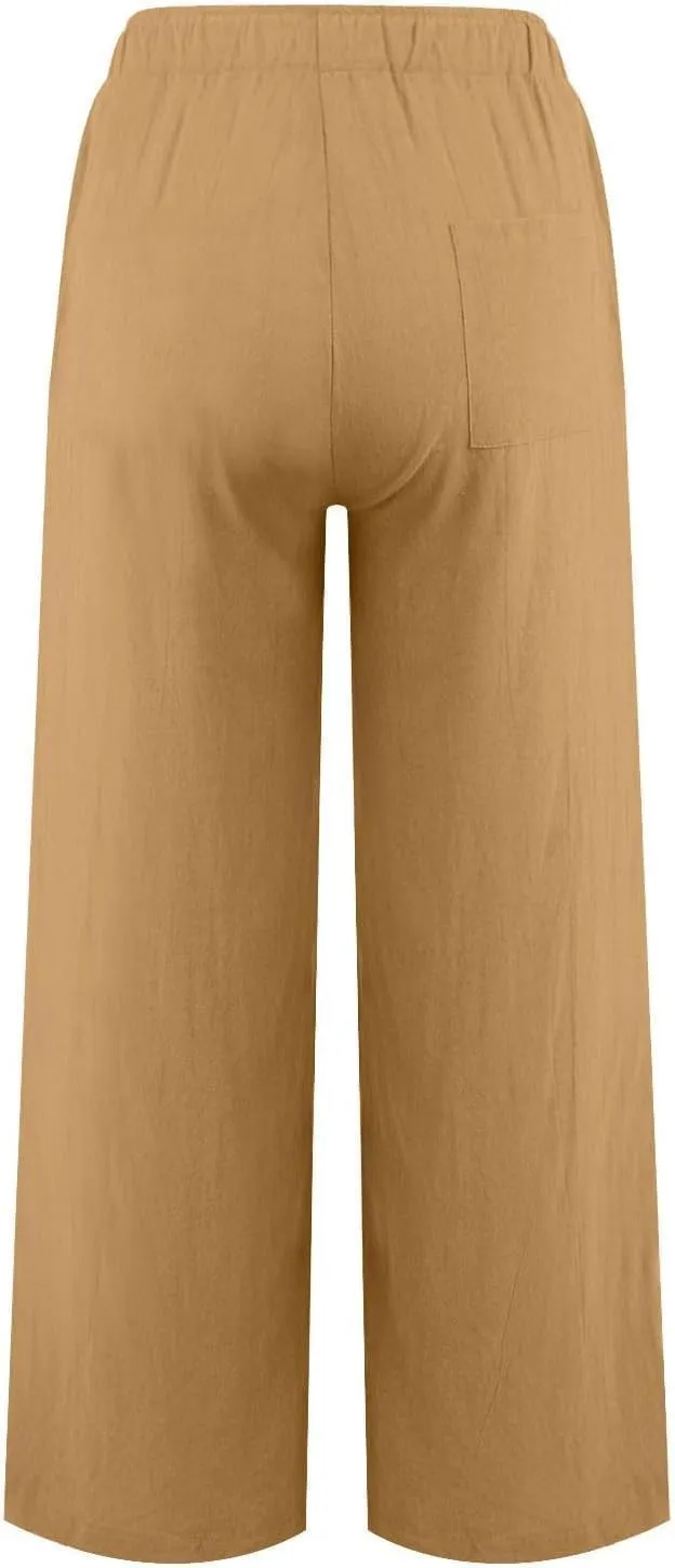 Women's Linen Pants 2025 Summer Cotton Wide Leg Casual Comfy Drawstring High Waist Palazzo Pants Trousers with Pockets