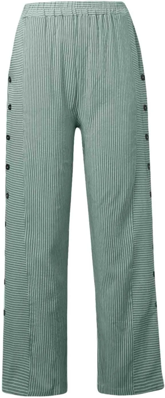 Womens Linen Pants Plus Size Striped Summer Casual Gauze Pants Elastic High Waist Wide Leg Loose Fit Workout Trousers