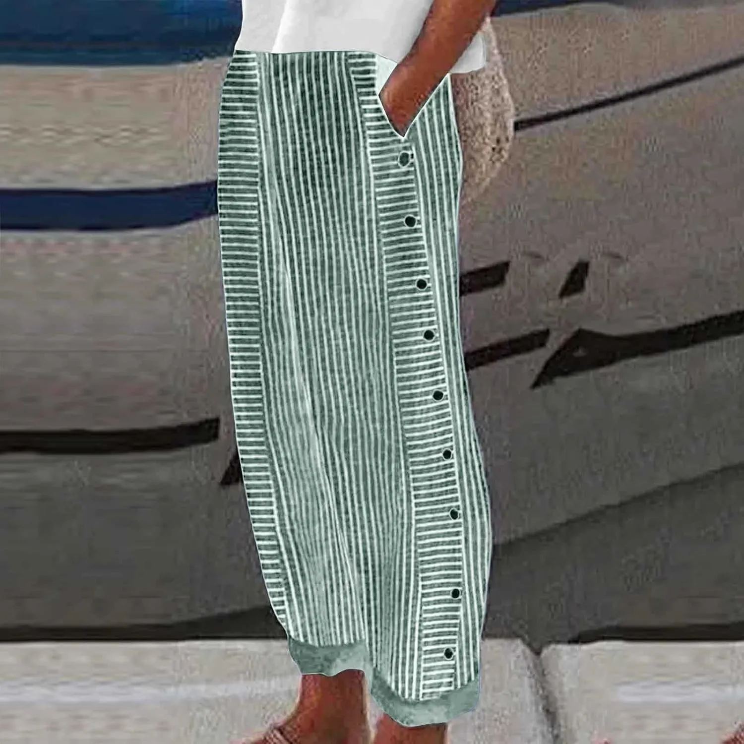 Womens Linen Pants Plus Size Striped Summer Casual Gauze Pants Elastic High Waist Wide Leg Loose Fit Workout Trousers