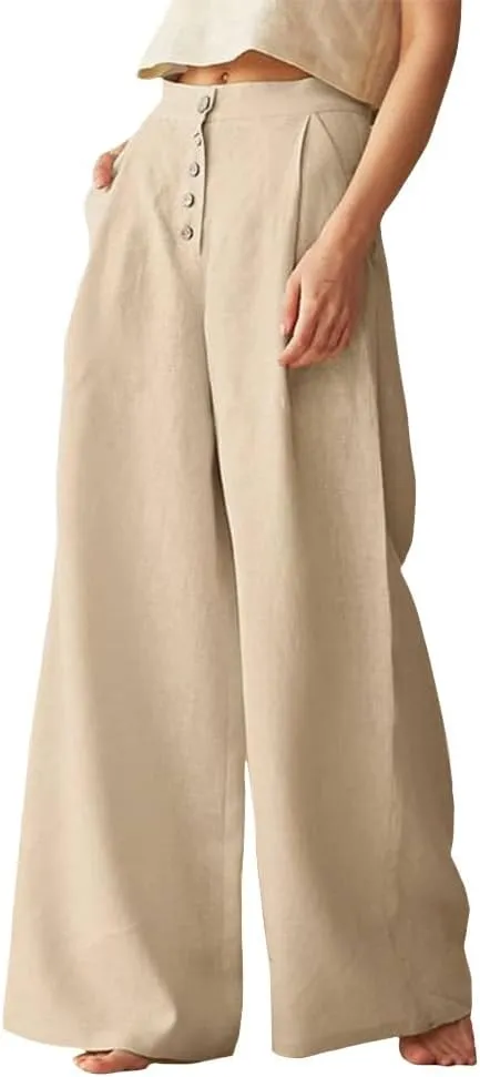 Women's Linen Pants Summer Casual Wide Leg Trousers Elastic High Waist Pants Loose Palazzo Pants S-5XL