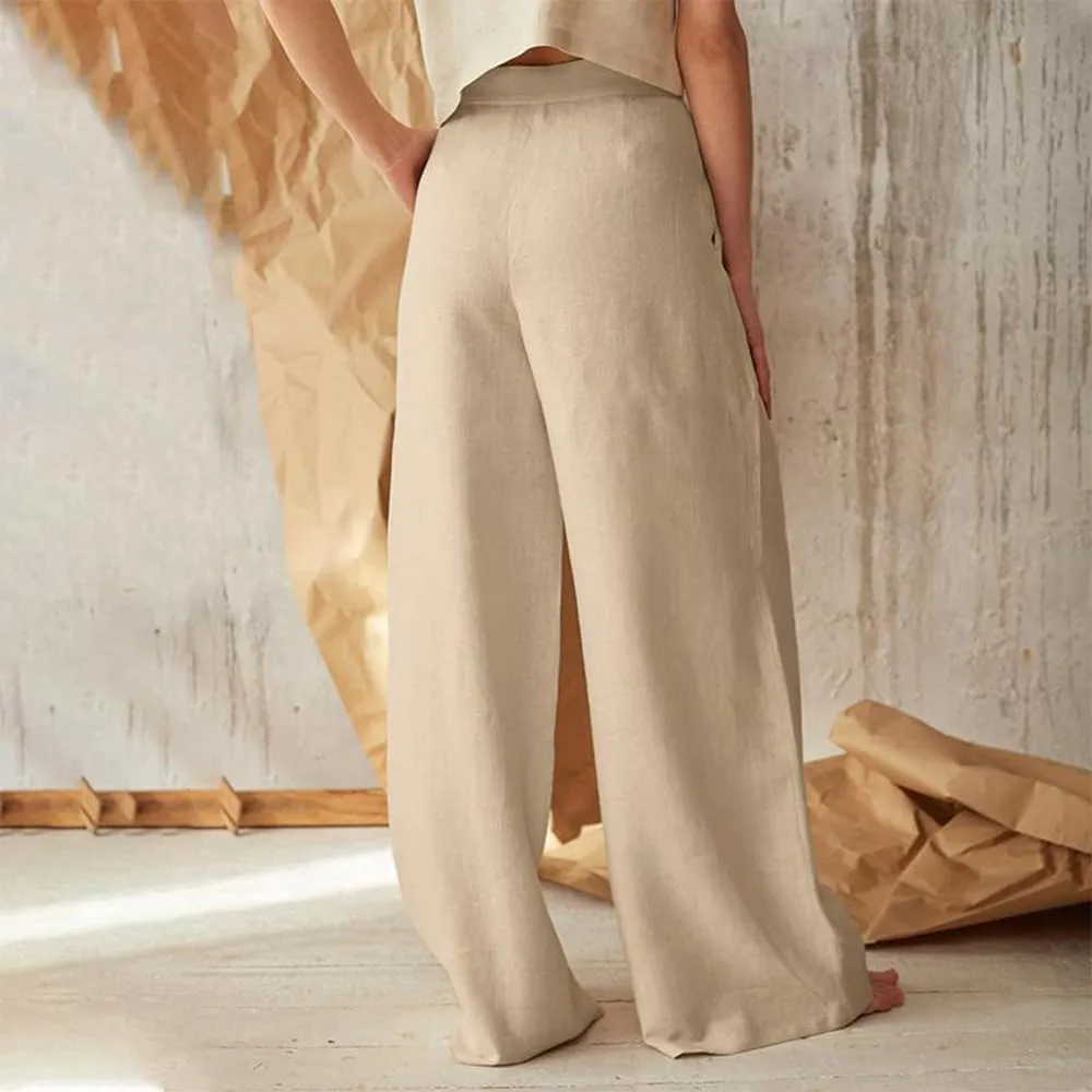 Women's Linen Pants Summer Casual Wide Leg Trousers Elastic High Waist Pants Loose Palazzo Pants S-5XL