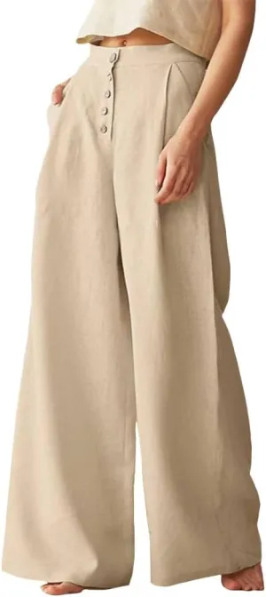 Women's Linen Pants Summer Casual Wide Leg Trousers Elastic High Waist Pants Loose Palazzo Pants S-5XL