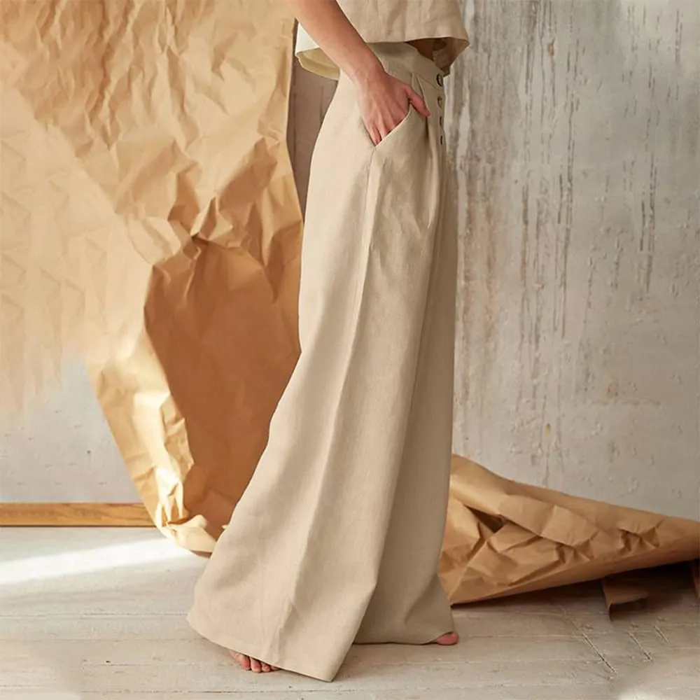 Women's Linen Pants Summer Casual Wide Leg Trousers Elastic High Waist Pants Loose Palazzo Pants S-5XL