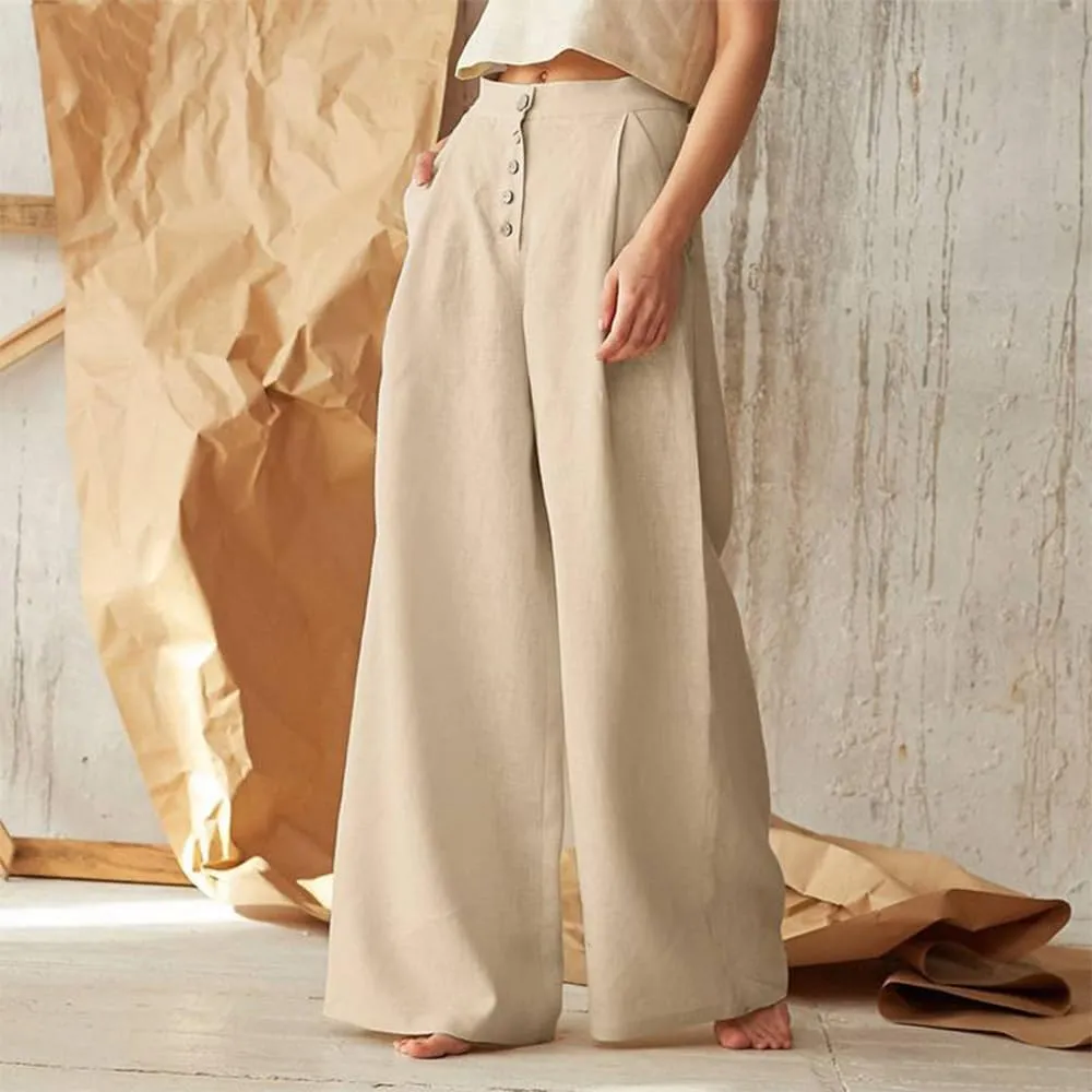 Women's Linen Pants Summer Casual Wide Leg Trousers Elastic High Waist Pants Loose Palazzo Pants S-5XL