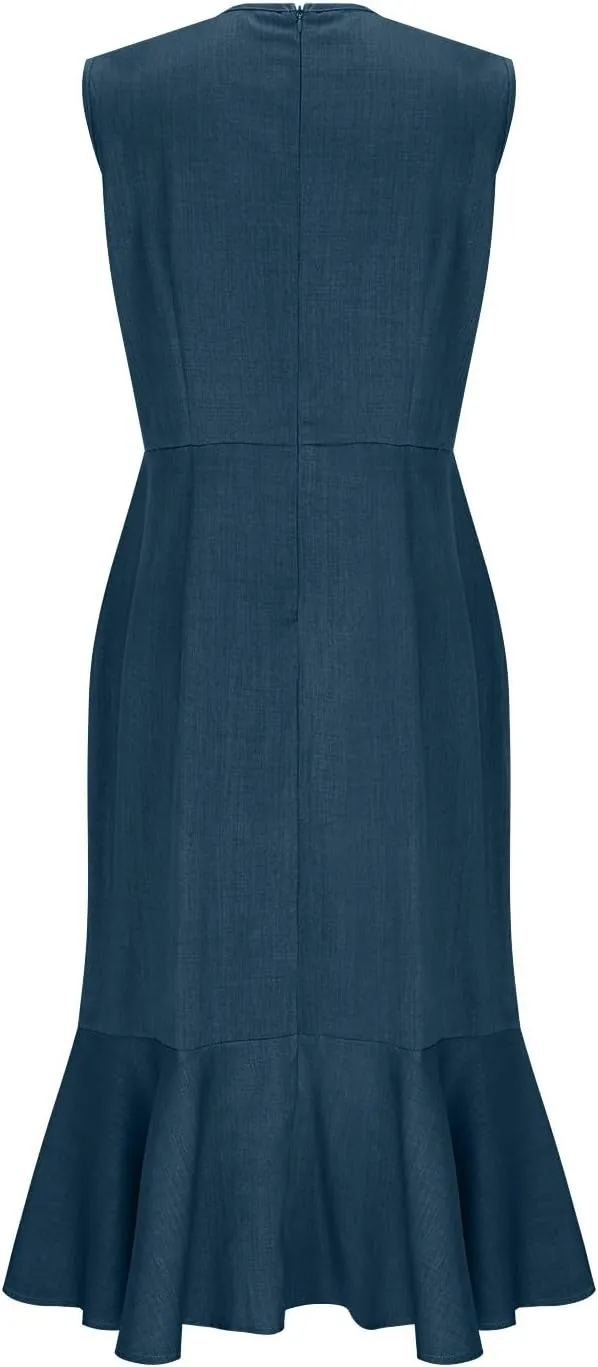 Women's Linen Sleeveless V-Neck Fishtail Midi Dress Wrap Ruched Solid A-line High Waist Bodycon Mermaid Dresses
