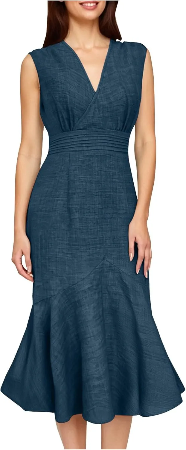 Women's Linen Sleeveless V-Neck Fishtail Midi Dress Wrap Ruched Solid A-line High Waist Bodycon Mermaid Dresses