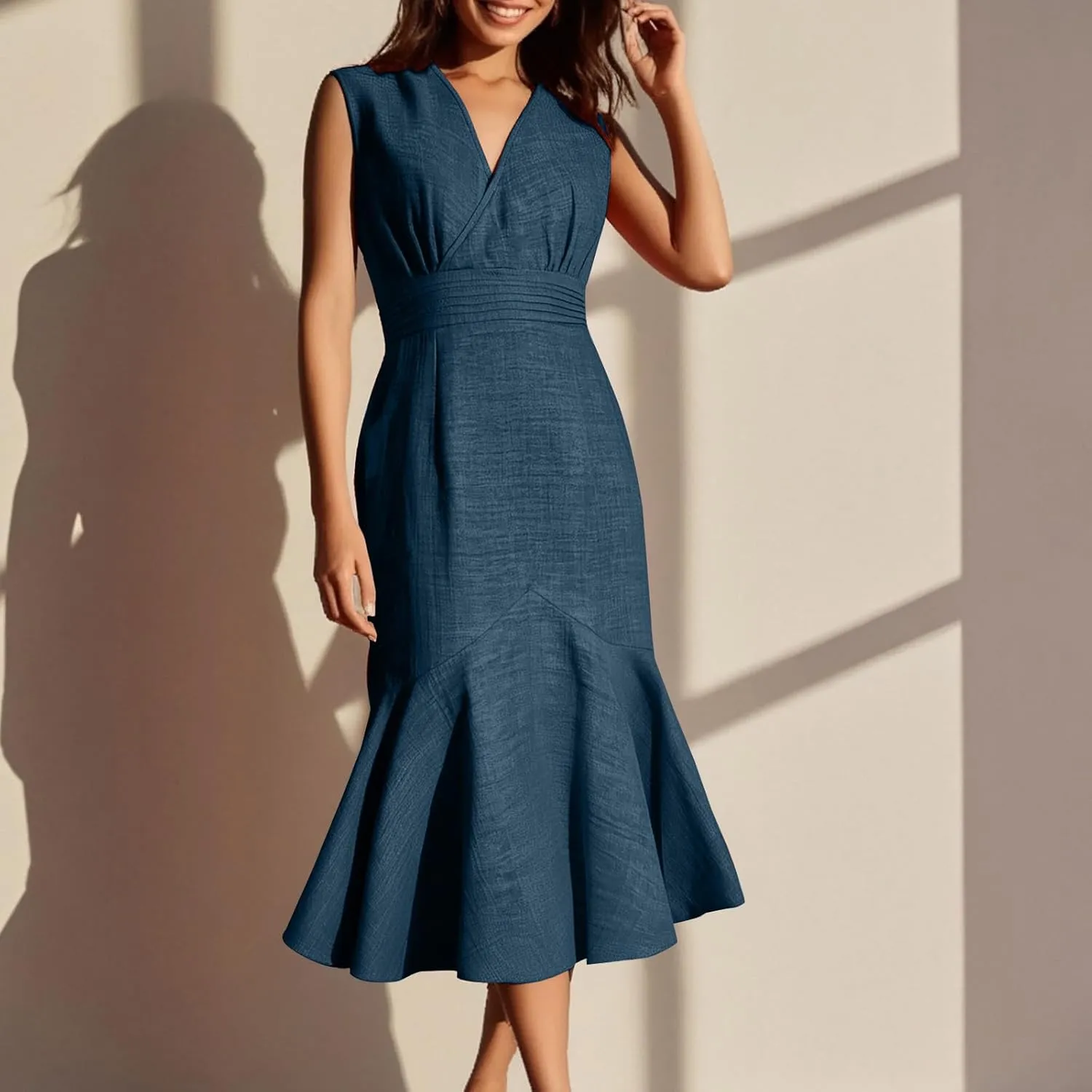 Women's Linen Sleeveless V-Neck Fishtail Midi Dress Wrap Ruched Solid A-line High Waist Bodycon Mermaid Dresses