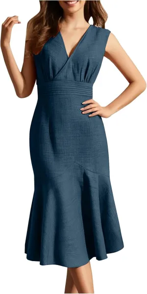 Women's Linen Sleeveless V-Neck Fishtail Midi Dress Wrap Ruched Solid A-line High Waist Bodycon Mermaid Dresses