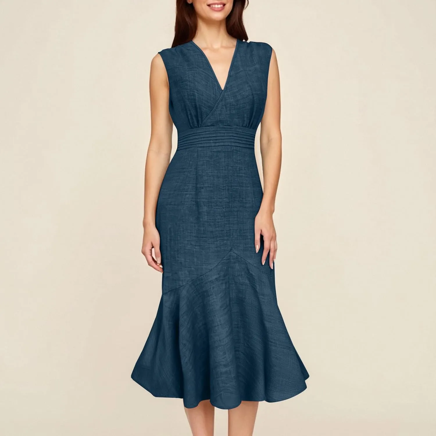 Women's Linen Sleeveless V-Neck Fishtail Midi Dress Wrap Ruched Solid A-line High Waist Bodycon Mermaid Dresses