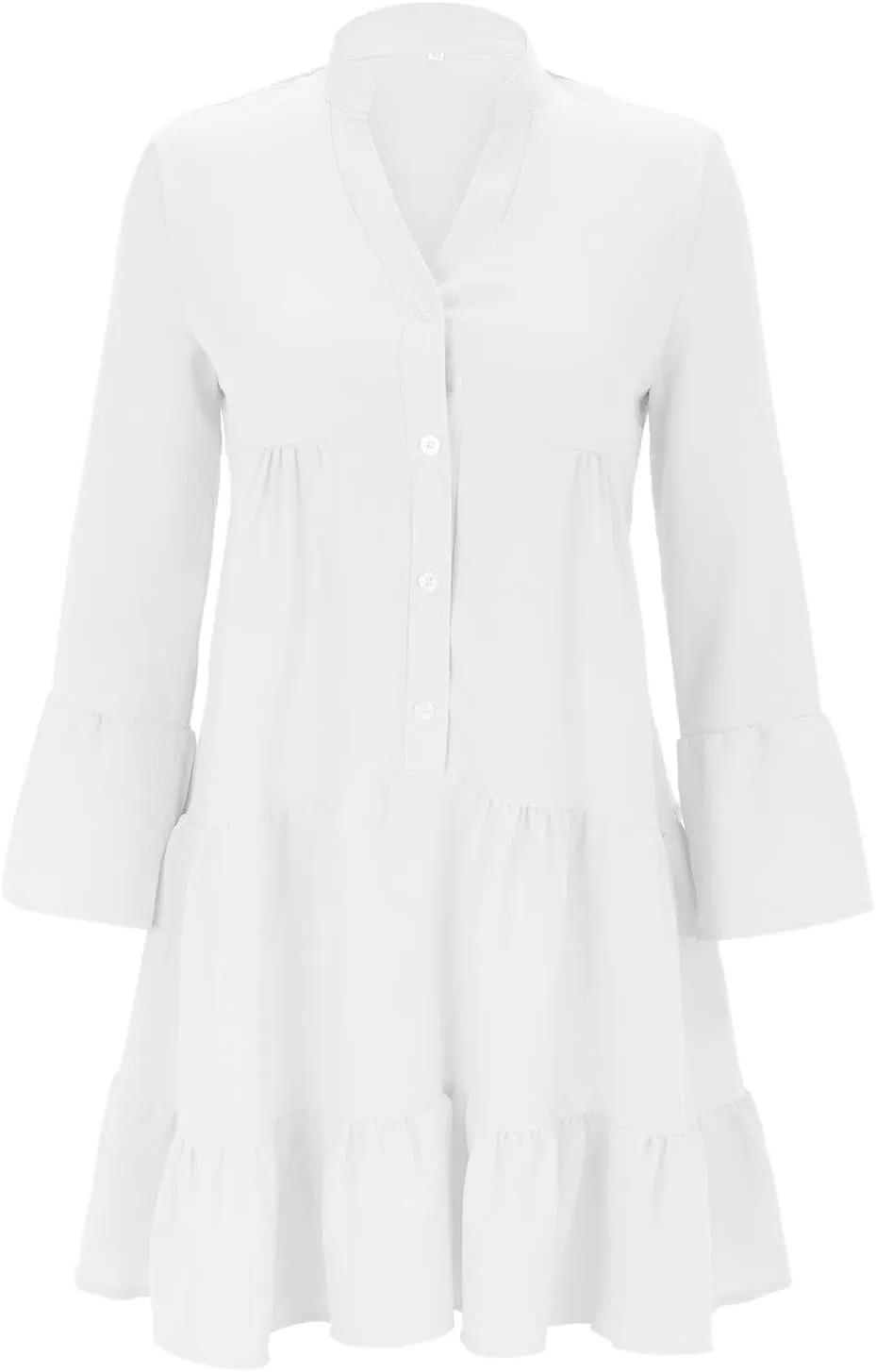 Women's Long Sleeve Botton Ruffle Dresses Casual Loose Swing Mini Dress Young Fabulous and Broke Maxi