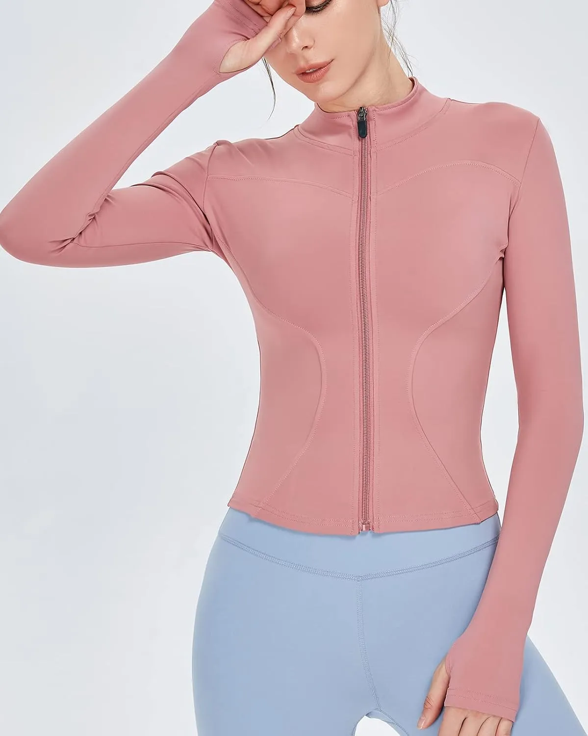Women's Long Sleeve Running Jacket Slim Fit Sports Shirts Quick Dry Yoga Fitness Top Full Zip with Thumb Holes