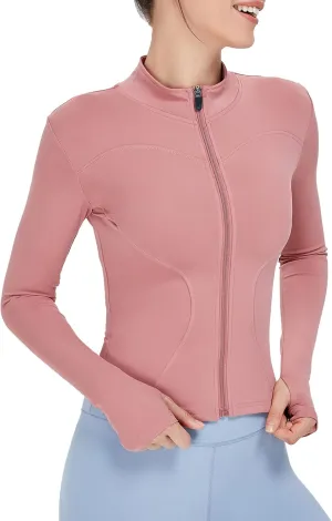 Women's Long Sleeve Running Jacket Slim Fit Sports Shirts Quick Dry Yoga Fitness Top Full Zip with Thumb Holes