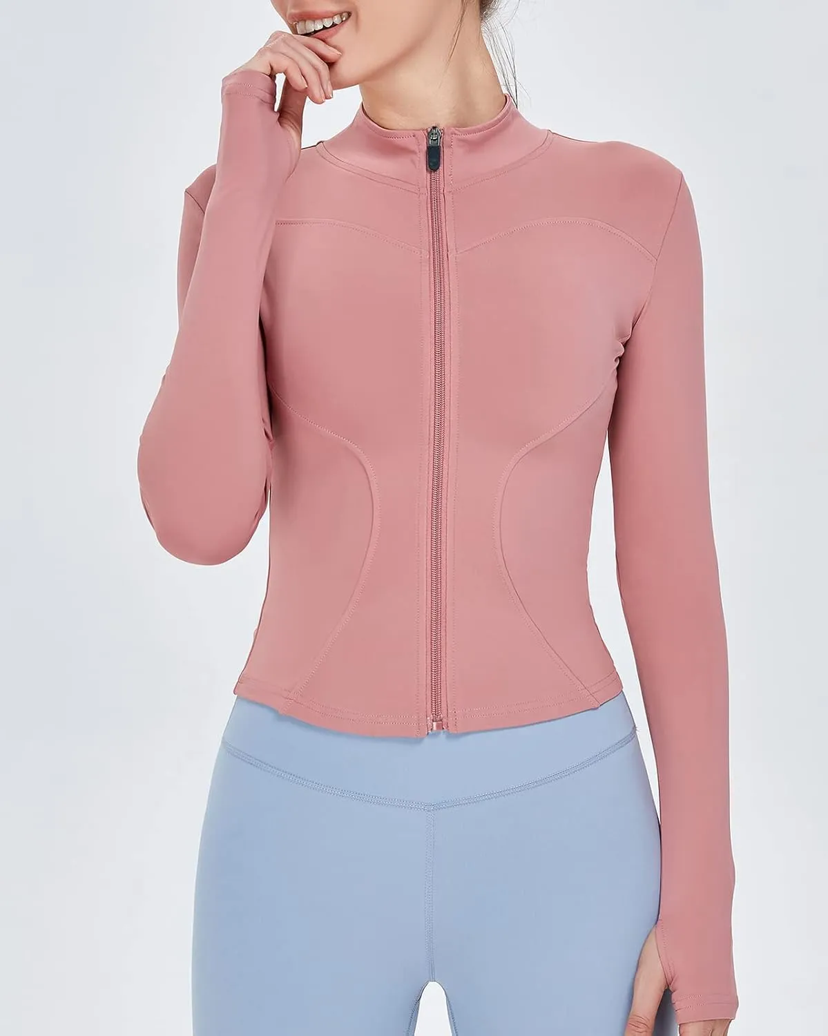 Women's Long Sleeve Running Jacket Slim Fit Sports Shirts Quick Dry Yoga Fitness Top Full Zip with Thumb Holes