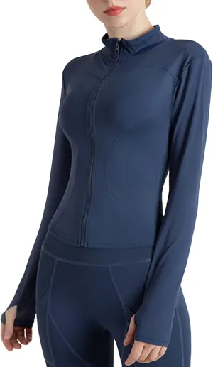 Women's Long Sleeve Running Jacket Sports Shirts Full Zip Quick Dry Yoga Fitness Top with Thumb Holes