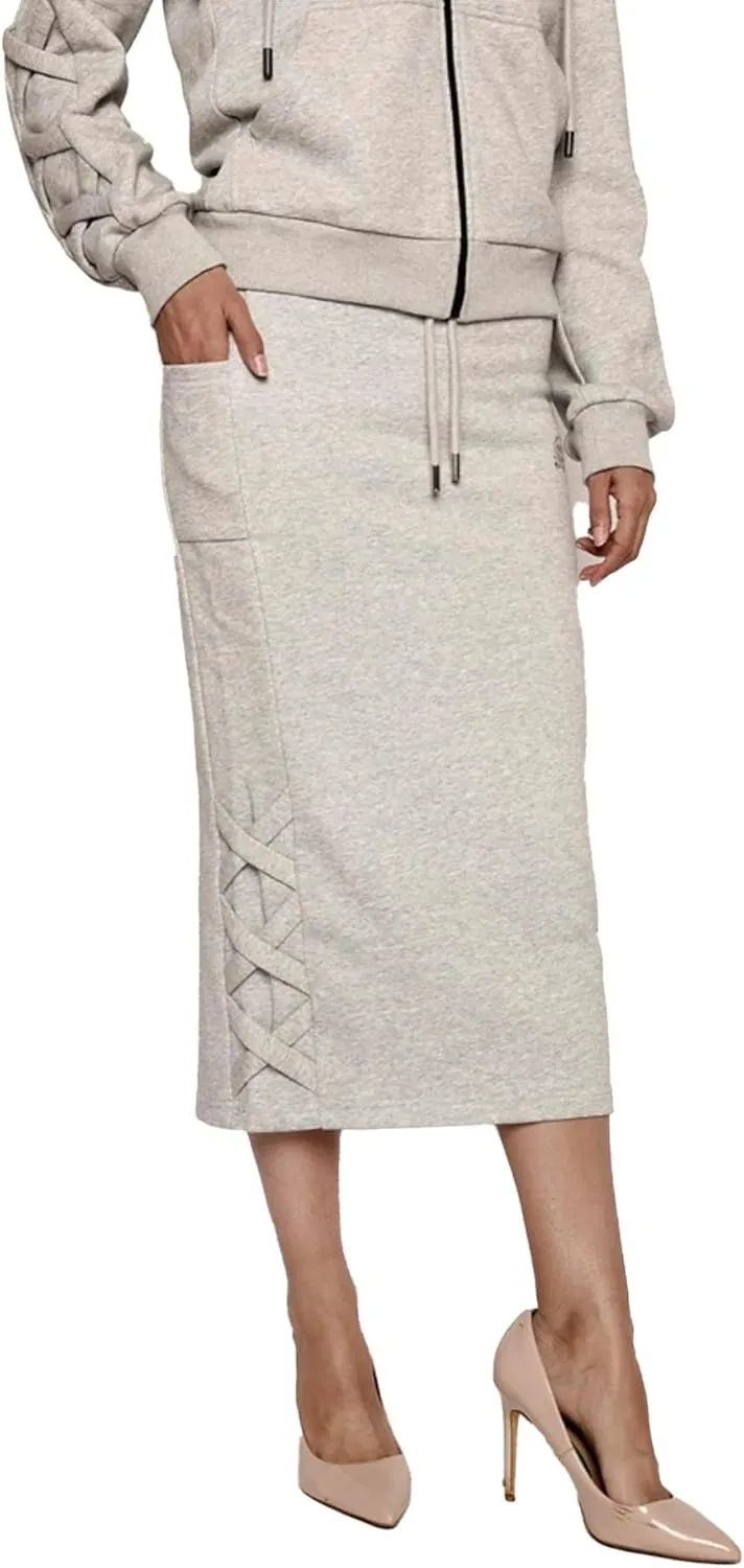 Women's Midi Pencil Skirt with Side Lace-up Detail, and Cell Phone Pockets at The Side Panels Teal