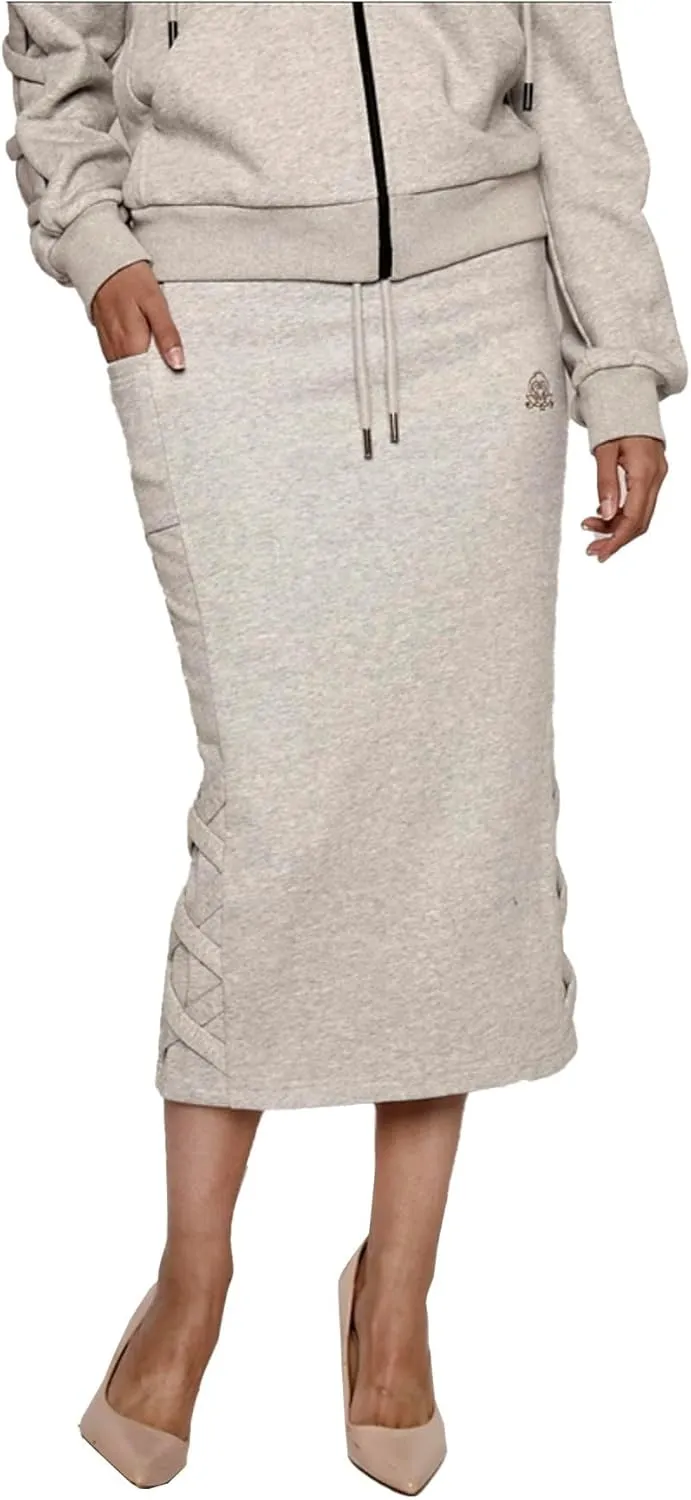 Women's Midi Pencil Skirt with Side Lace-up Detail, and Cell Phone Pockets at The Side Panels Teal