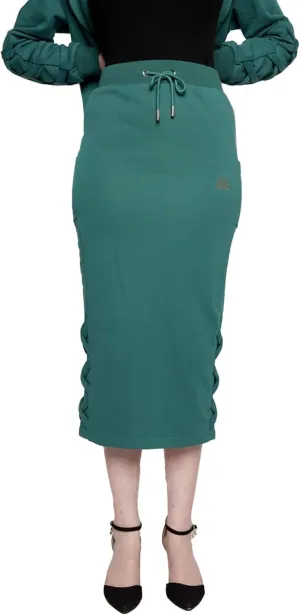Women's Midi Pencil Skirt with Side Lace-up Detail, and Cell Phone Pockets at The Side Panels Teal