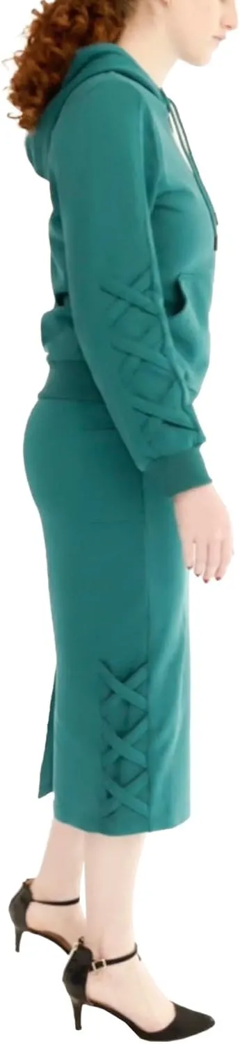 Women's Midi Pencil Skirt with Side Lace-up Detail, and Cell Phone Pockets at The Side Panels Teal