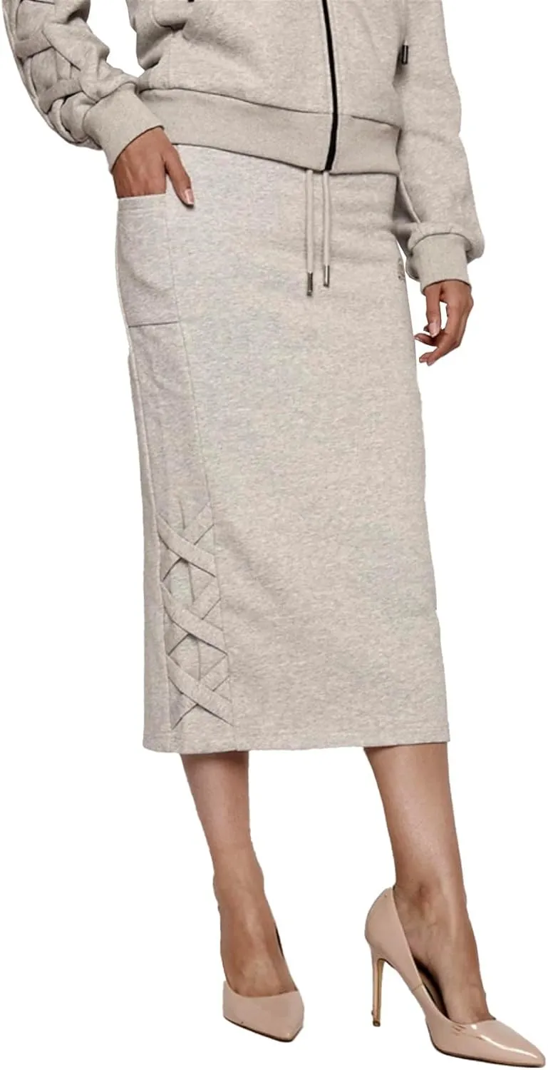 Women's Midi Pencil Skirt with Side Lace-up Detail, and Cell Phone Pockets at The Side Panels Teal