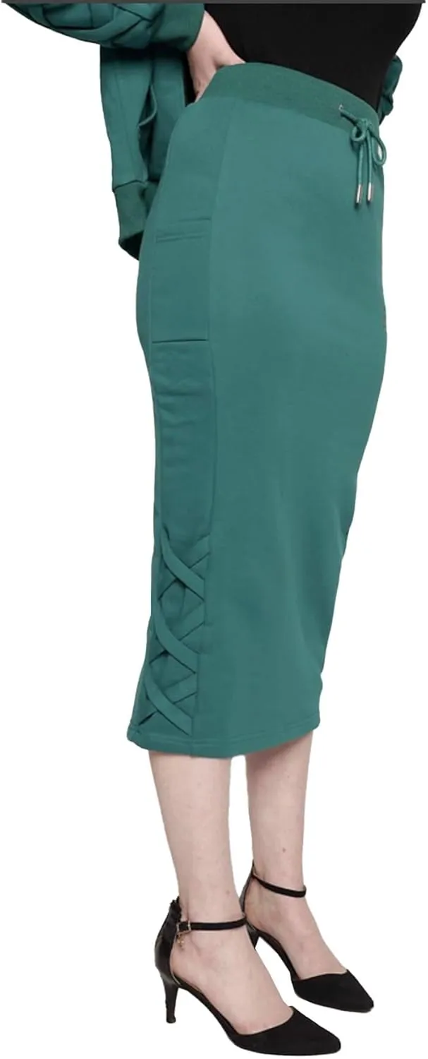 Women's Midi Pencil Skirt with Side Lace-up Detail, and Cell Phone Pockets at The Side Panels Teal