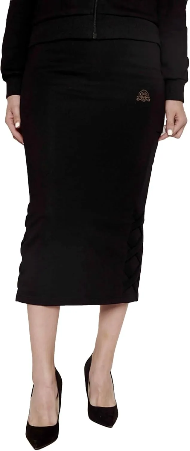 Women's Midi Pencil Skirt with Side Lace-up Detail, and Cell Phone Pockets at The Side Panels Teal