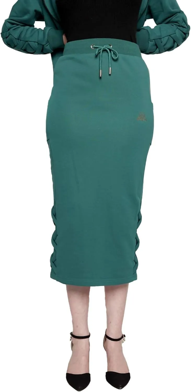 Women's Midi Pencil Skirt with Side Lace-up Detail, and Cell Phone Pockets at The Side Panels Teal