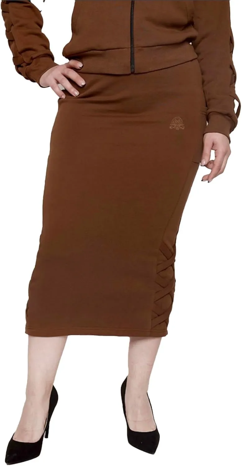 Women's Midi Pencil Skirt with Side Lace-up Detail, and Cell Phone Pockets at The Side Panels Teal