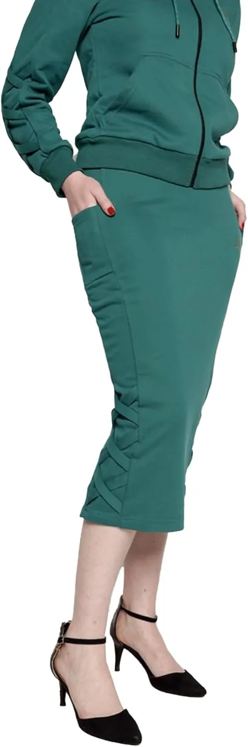 Women's Midi Pencil Skirt with Side Lace-up Detail, and Cell Phone Pockets at The Side Panels Teal