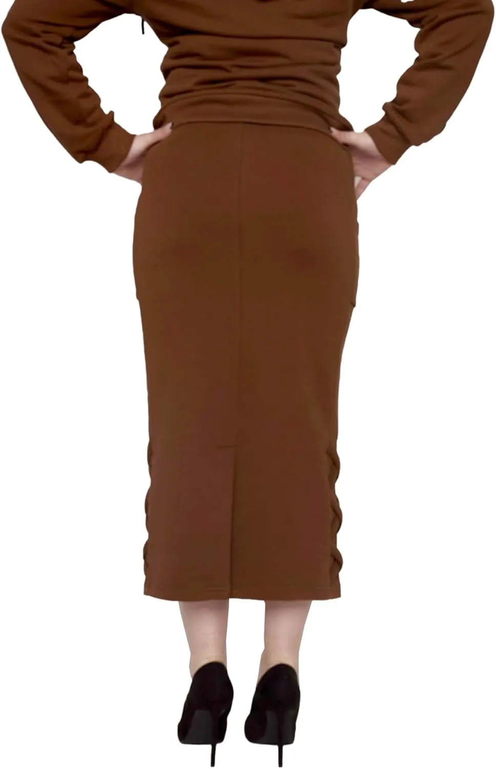 Women's Midi Pencil Skirt with Side Lace-up Detail, and Cell Phone Pockets at The Side Panels Teal