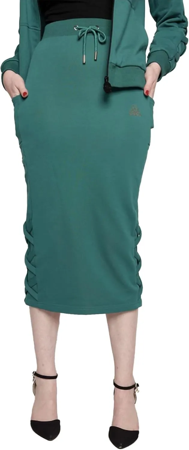 Women's Midi Pencil Skirt with Side Lace-up Detail, and Cell Phone Pockets at The Side Panels Teal