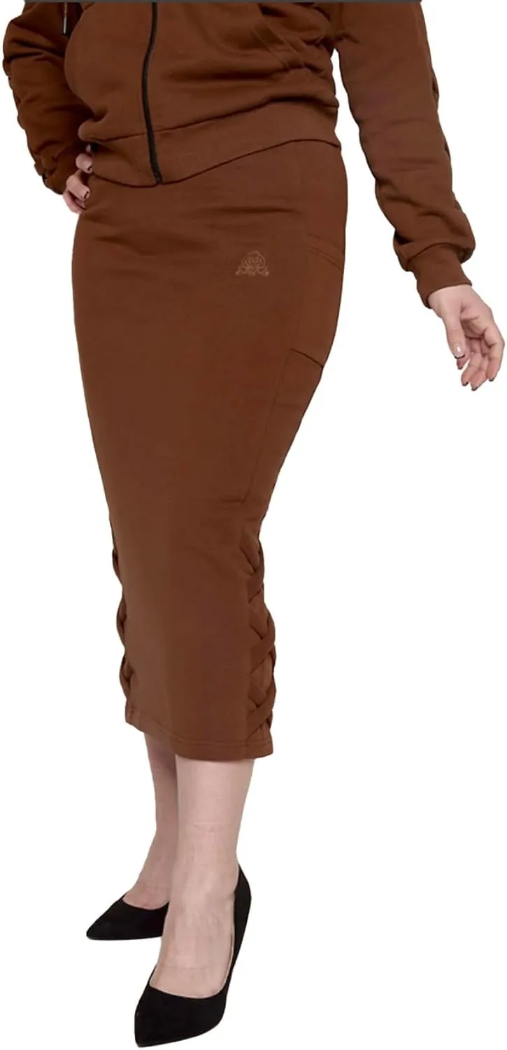 Women's Midi Pencil Skirt with Side Lace-up Detail, and Cell Phone Pockets at The Side Panels Teal