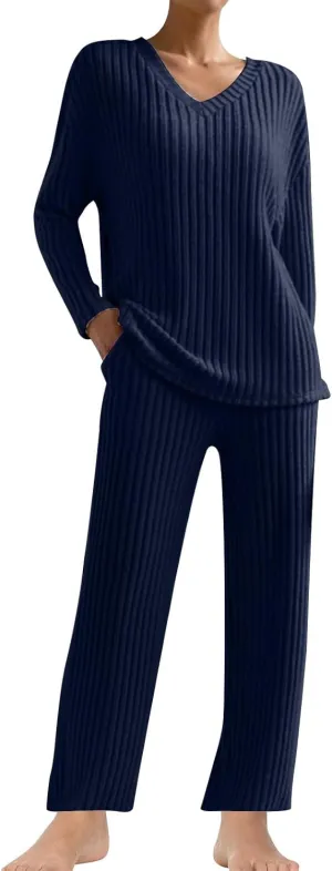 Women's Pajama Sets Long Sleeve 2 Piece Lounge Set Ribbed Knit Sweater Sleepwear Solid Color Loungewear Outfits